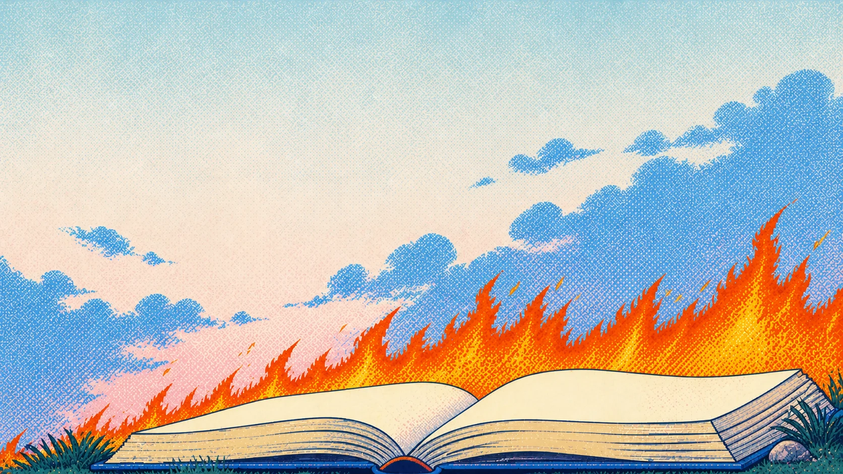 An open book beneath blue halftone clouds and a wave of bright orange fire
